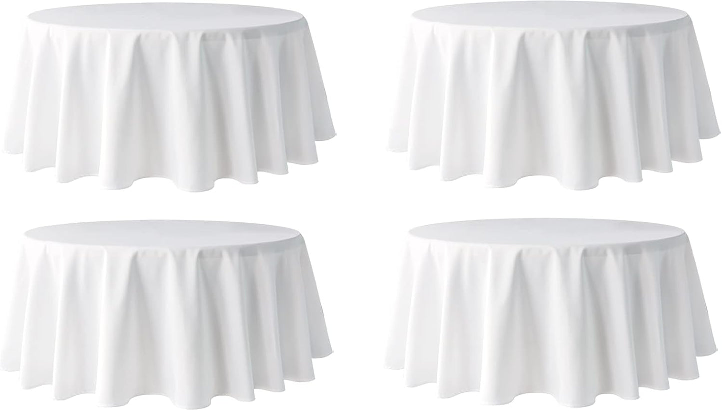 Pomp White 120" Inch Round Premium Polyester Tablecloth (4 Pack) | Wrinkle + Stain Resistant Easy Care Fabric | Fits Round or Circle Table