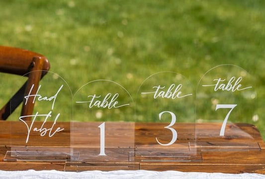 Clear Arch Acrylic Table Numbers for Wedding Reception - 5" x 7" White Font Centerpiece Set with Holder Stands & Head Table Sign - Anniversary, Event, Party, Wedding set 1-20