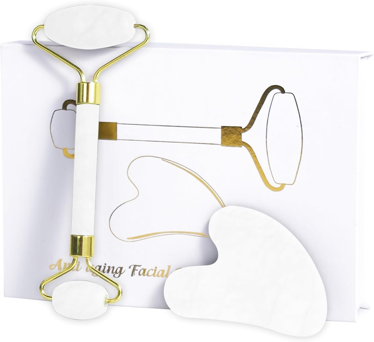 Jade Roller Gua Sha Tools - Nature Gua Sha Facial Tool Skin Tightening Face Massager Anti-Aging Jade Face Roller Puffiness Reducing Guasha Stone for Women Men (White)