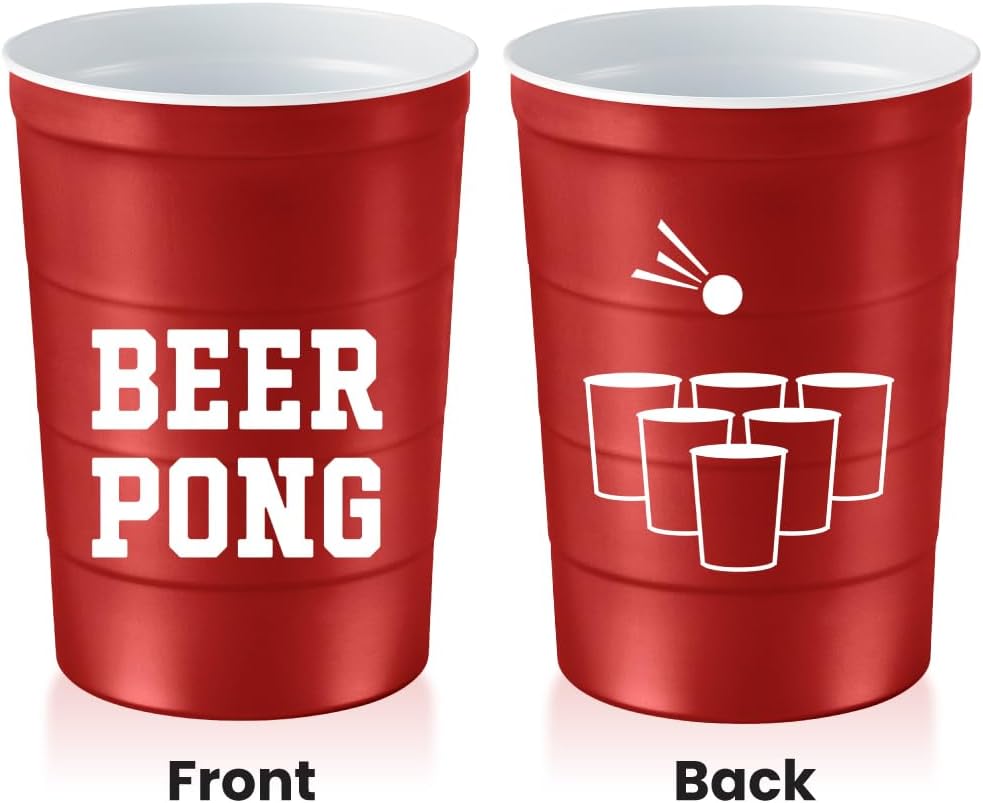 16 oz. Party Cup 'Beer Pong' Drinking Game Design for Cold Drinks, Sturdy, Durable, Disposable, Recyclable, Made in USA, Red 12 Count