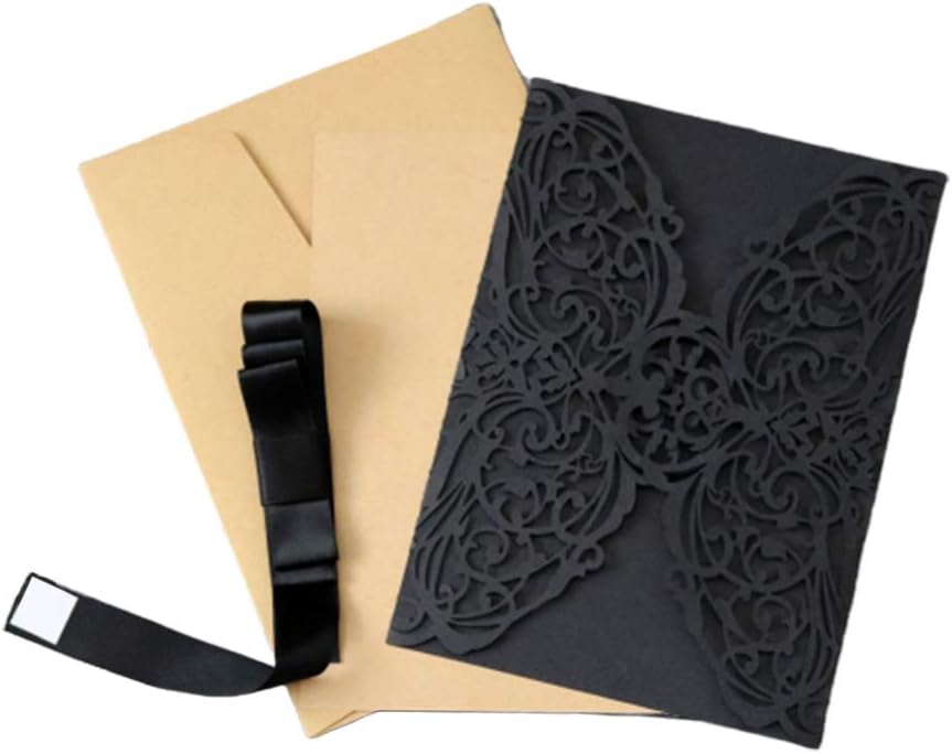 STOBOK Halloween Party Invitations - 10pcs Laser Cut Invitation Cards with Envelopes and Bowknots - Black Hollow Card Kits for Horror Party Supplies Weddings Baby Showers Event Celebrations 7.1x4.9in