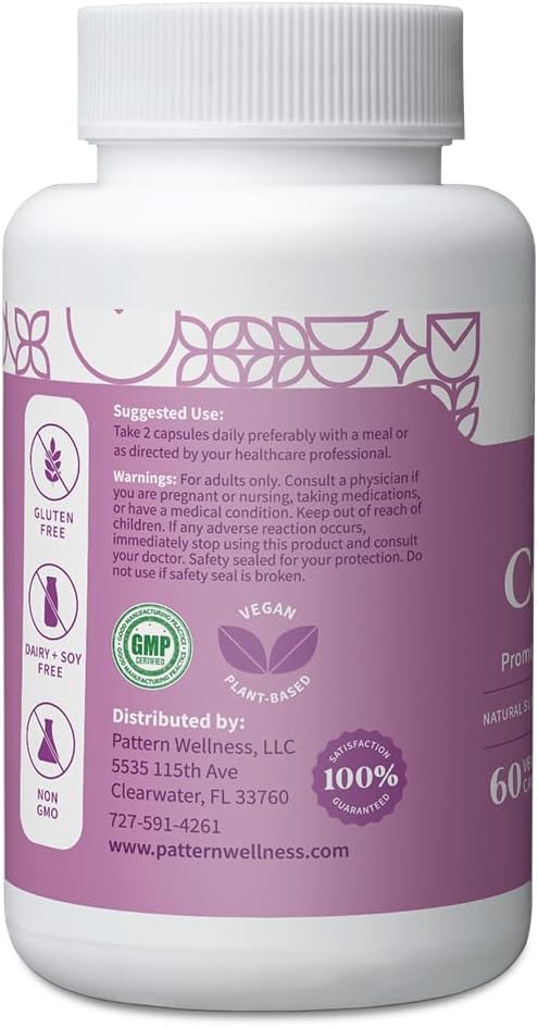 Pattern Wellness PMS Complex - Hormonal Balance, Cramp, Mood, + Period Support - Essential Vitamins, Minerals, & Herbal Extract Blend for Women - 60 Vegan Capsules