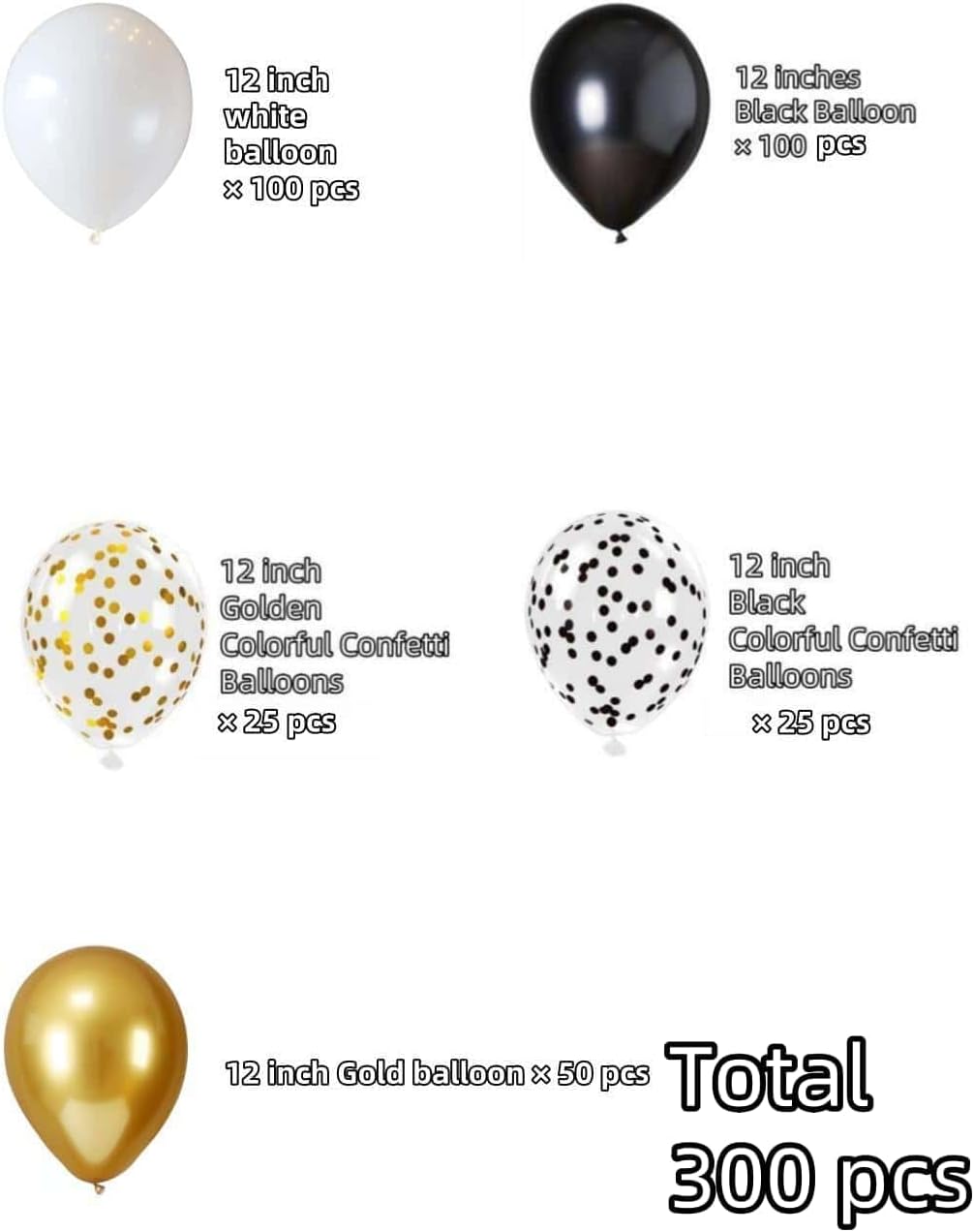300 Pcs Black Gold Confetti Balloons Set Lncludes 12 inch Black White Gold and Confetti Balloons for Birthday Party Supplies Wedding Graduation Decorations