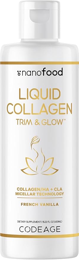 Codeage Liquid Collagen Supplement Vanilla Flavor, Beauty Trim & Glow Liposomal Collagen Peptides, CLA Conjugated Linoleic Acid, Hyaluronic Acid, Vitamin E, Hydrolyzed, Non-GMO, 15.22 fl oz