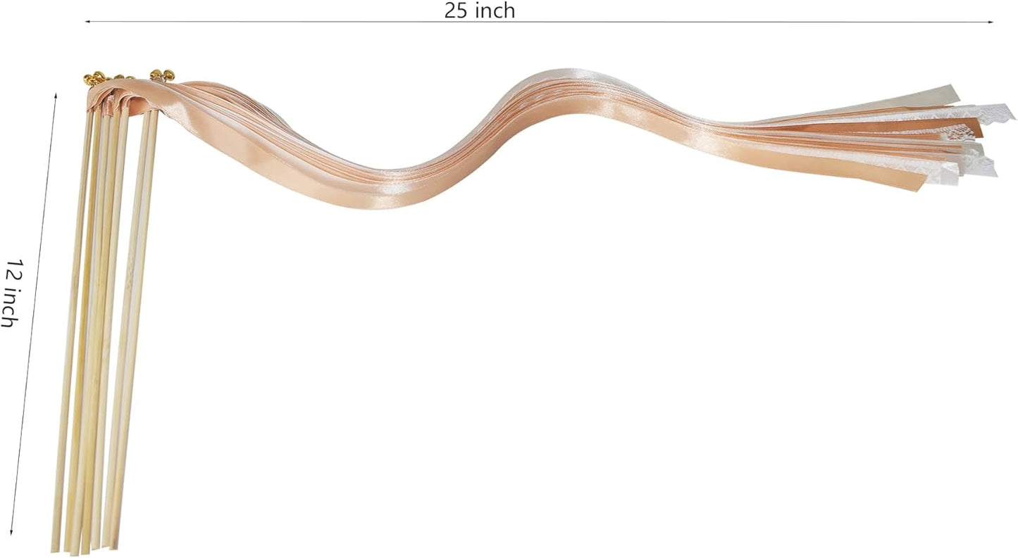 Kingsnow 100 Pieces Champagne Ribbon Wedding Wands Send Off Idea Ceremony Exit Ribbon Wedding Favor with Lace and Bell, Wedding Party Ribbon Streamers Fairy Wands Ribbon Bridal Wands