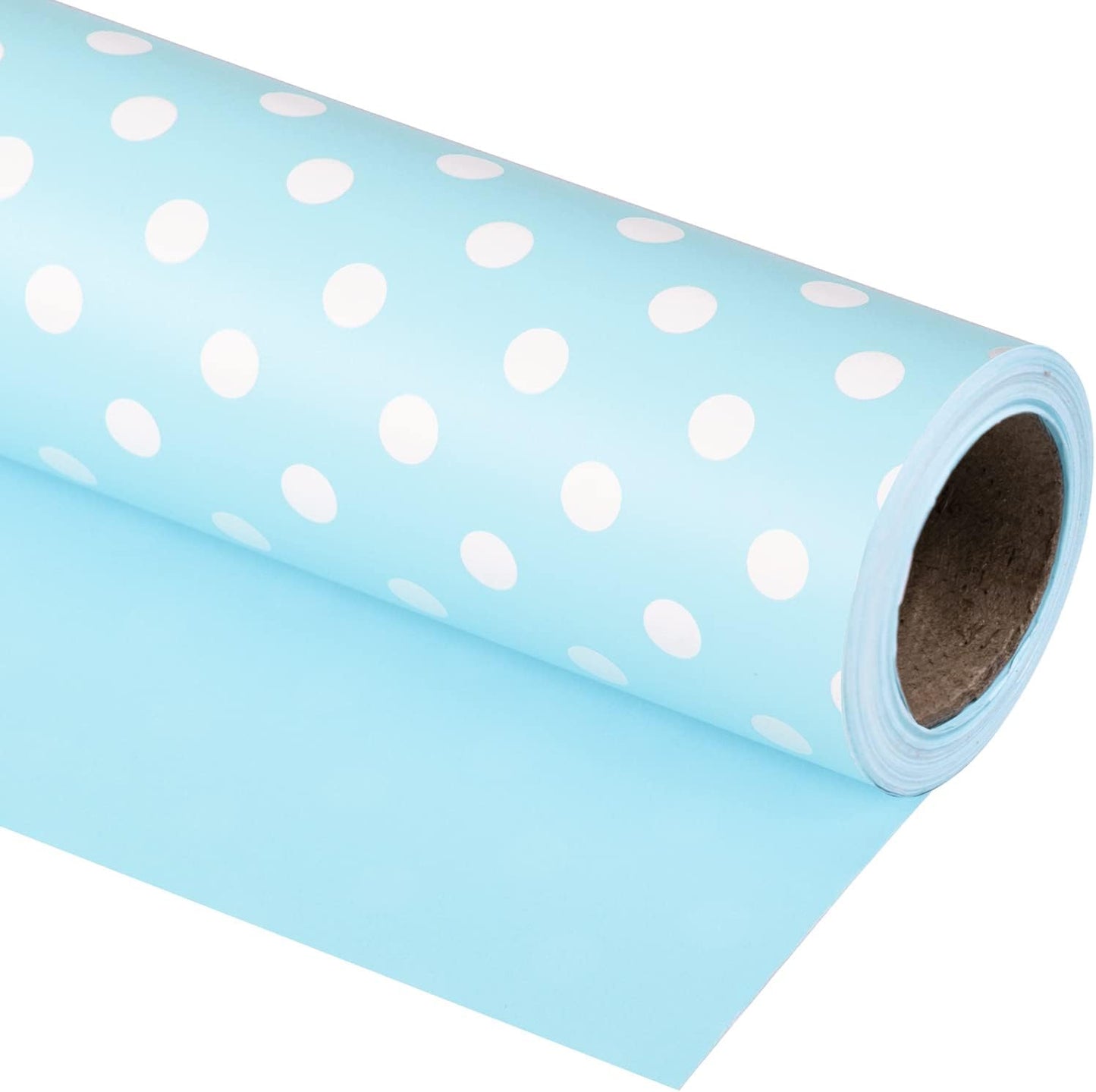 WRAPAHOLIC Reversible Wrapping Paper - Mini Roll - 17 Inch X 33 Feet - Baby Blue and Polka Dot Design for Birthday, Holiday, Wedding, Baby Shower
