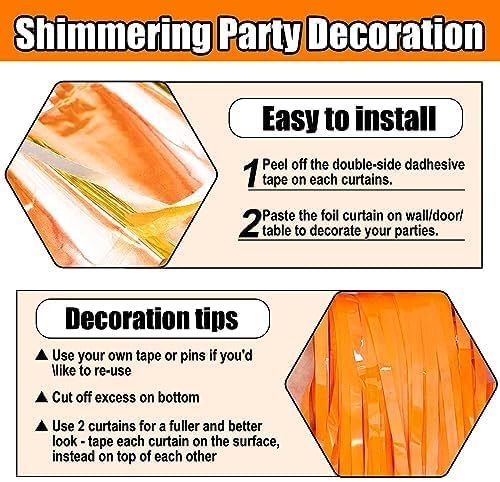 3 Pack Macaron Orange Foil Fringe Curtain Backdrop, 3.28Ft x 8.2Ft Metallic Tinsel Foil Fringe Streamer Curtains for Photo Booth, Christmas Day, Thanksgiving, Wedding, New Year Party Decorations