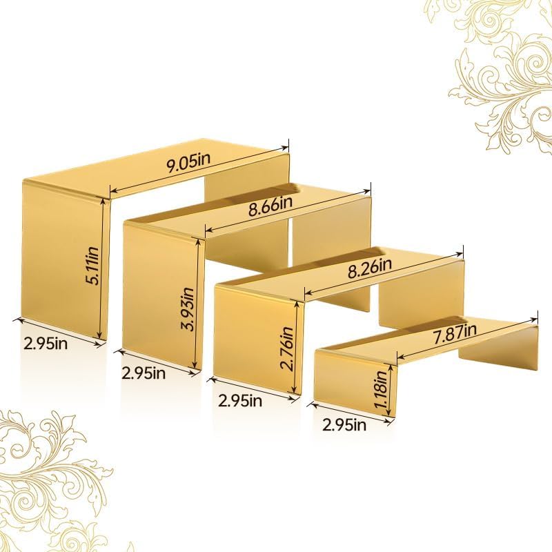 4 Pcs Gold Stainless Steel Display Risers, Display Stand for Cupcake Dessert Perfume Purse Handbag Shoe Jewelry and Funko Pop