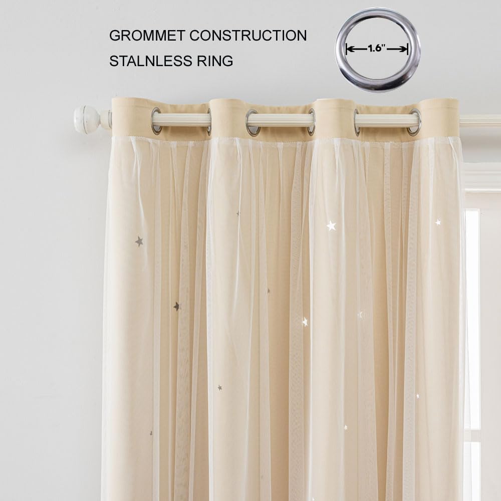 FANLI 2 Panels Star Blackout Curtains for Kid Girls Bedroom Living Room Darking Stripe Double Layer Star Cut Out Wall Home Decor Gradient Grommet Window Curtains (Beige 84L)