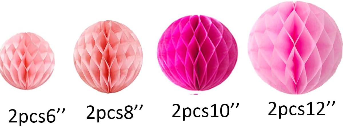 8pc Honeycomb Balls Party Decorations 6''8''10''12'' Tissue Paper Pom Poms Flower Balls Hanging Pink Paper Honeycomb Balls for Party Baby Shower Birthday Wedding Nursery Wall Decor Pink Set