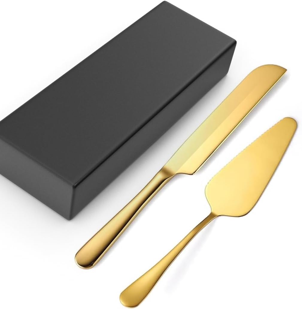 Elegant Gold Cake Cutting Set - 2 Piece Stainless Steel Knife and Server for Weddings, Birthdays, Anniversaries, and Celebrations - Gift for Bridal Showers and Cake Table Decorations