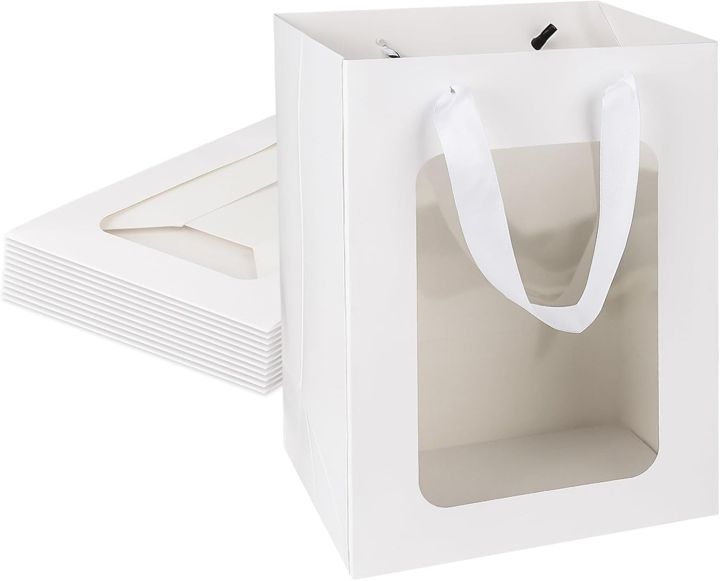 MOXARYSU 12 Pcs White Gift Bags with Clear Window: 9.8x5.1x7.1 Inch Medium Kraft Paper Bags with Handle For Party Business Birthday Wedding (White,12p)