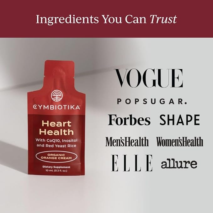 CYMBIOTIKA Heart Health Supplement with CoQ10, Red Yeast Rice & Inositol, Gluten Free Supplements to Support Circulation & Aging, Organic Orange Cream Flavor, 30 Pack
