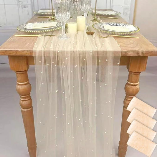 EHLDekol Pearl Table Cloth Elegant Polyester Table Runner with Artificial Pearl Accents Extra Long 10 ft 60 x 120 Inches Pearl Tulle Table Runner for Wedding (60inch Width,Champagne, 4Packs)
