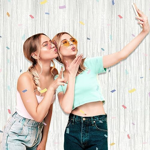 3 Pack Macaron White Foil Fringe Curtain Backdrop, 3.28Ft x 8.2Ft Metallic Tinsel Foil Fringe Streamer Curtains for Photo Booth, Christmas Day, Thanksgiving, Wedding, New Year Party Decorations