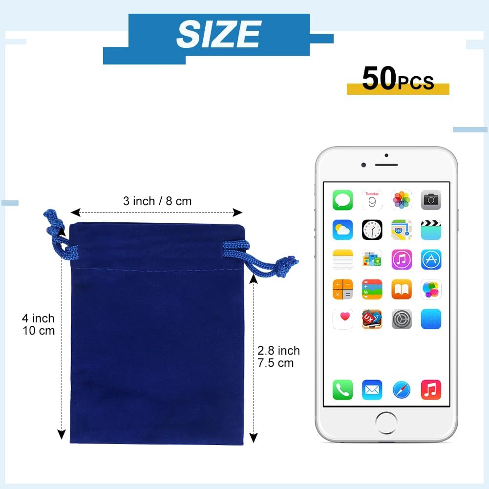 Shintop 50pcs velvet Jewelry bags, 3x4inch Blue Little Gift pouches Drawstring Jewelry Packaging for Dice Small Business Party Favor