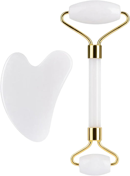 Generic Lucky LAMA White Jade Roller and Gua Sha 2 in 1 Set for Face and Body Anti Aging, Anti-Wrinkle, Reducing Puffiness and Redness Facial Tools Face Roller and Gua Sha Set for Men Women