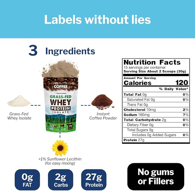Opportuniteas Coffee Whey Protein Powder - Low Carb & Keto Friendly - Grass Fed Whey Isolate + Colombian Coffee - 60 mg Caffeine for Energy - Pre or Post Workout Drink Mix, Latte, Shake & Smoothie 1lb