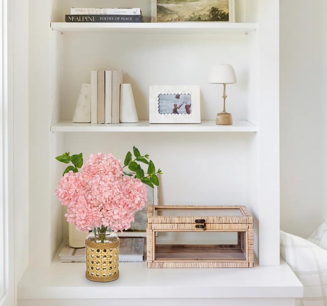 Hollyone Pink Hydrangea Artificial Flowers in Woven Glass Vase with Faux Water Silk Hydrangeas Fake Flowers Floral Arrangement for Home Indoor Bathroom Kitchen Office Table Centerpiece Shelf Decor