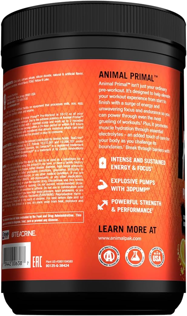 Animal Primal Muscle Hydration + Preworkout Powder – Contains Beta Alanine, 3DPump, Caffeine & Electrolytes – Improves Energy, Focus, Endurance & Absorption – New Wick’d Peach Flavor, 16.75 oz