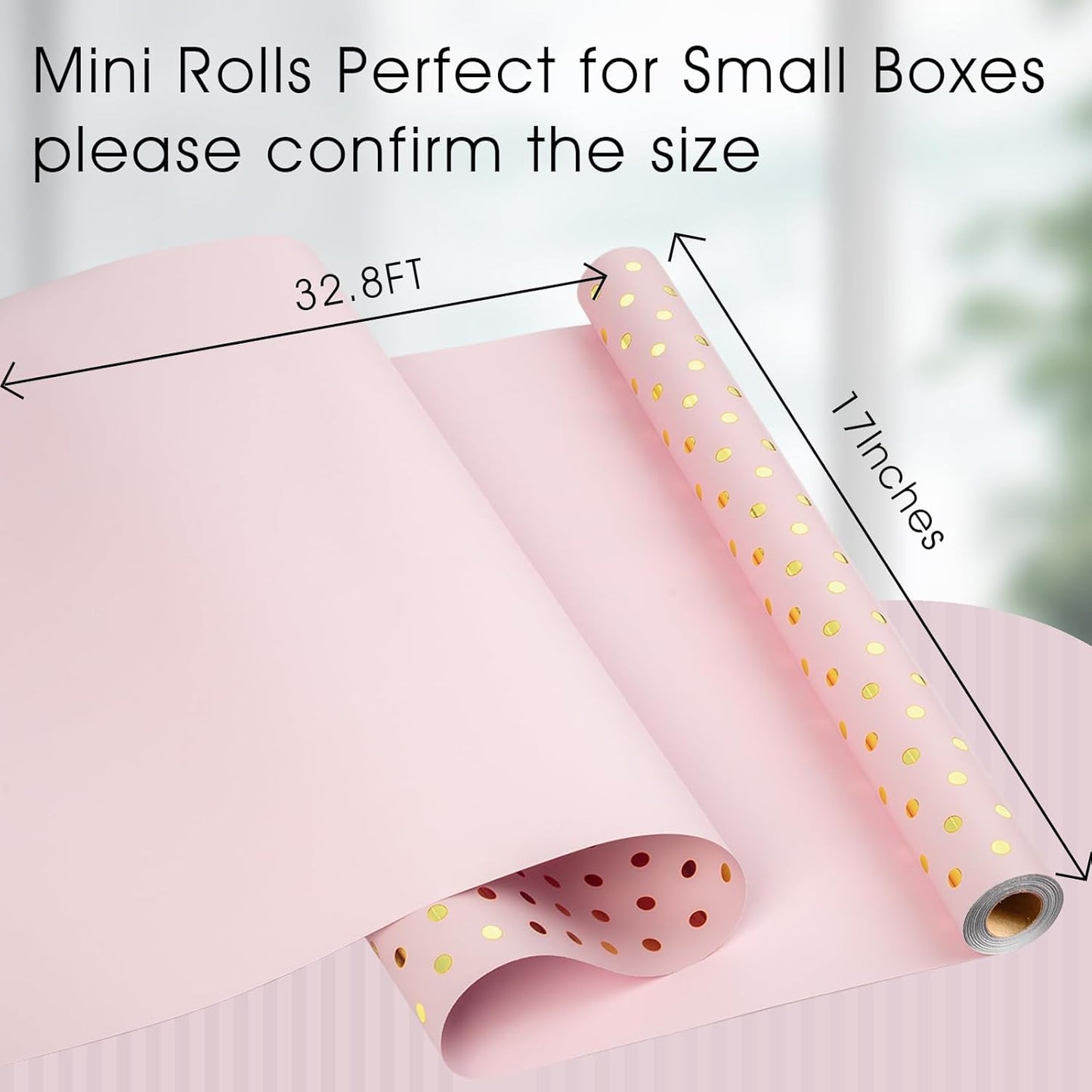 Flyhill Pink Wrapping Paper Roll,Reversible Mini Roll Gold Foil Polka Dot Gift Wrap for Birthday,Girls,Baby Shower,Wedding (17 Inch X 32.8 Feet)