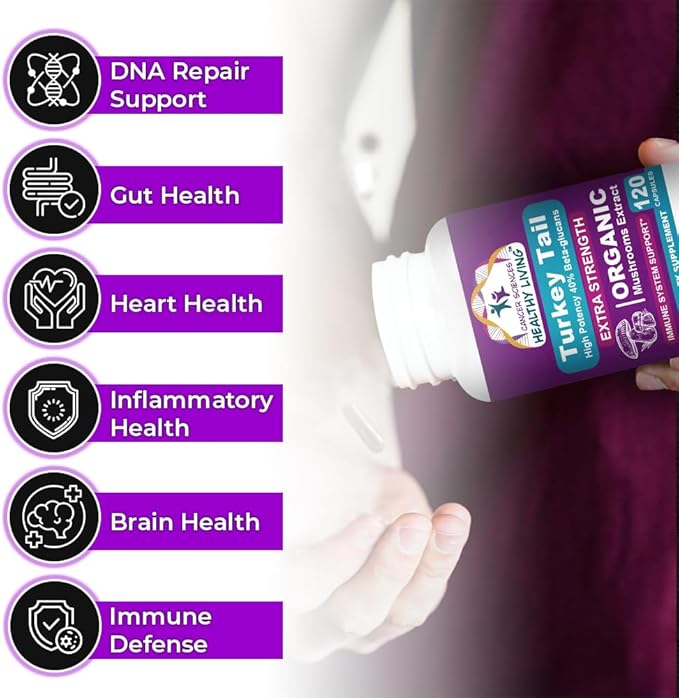CANCER SCIENCES Turkey Tail Wellness Mushrooms Supplement, USDA Certified Organic Extract, Extra Strength 1,500 mg, High Potency 40% Beta-Glucans, Gut & Immune Support, Natural Digestive, 120 Capsules