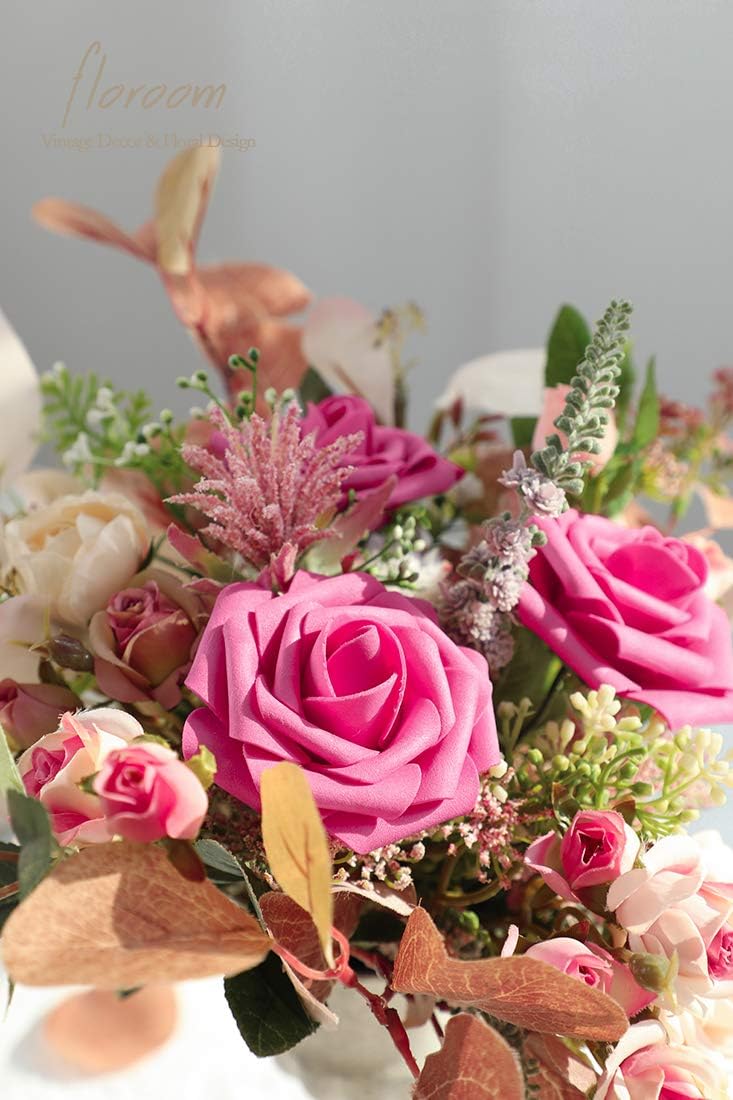 Floroom Artificial Flowers 25pcs Real Looking Hot Pink Foam Fake Roses with Stems for DIY Wedding Bouquets Bridal Shower Centerpieces Floral Arrangements Party Tables Home Decorations