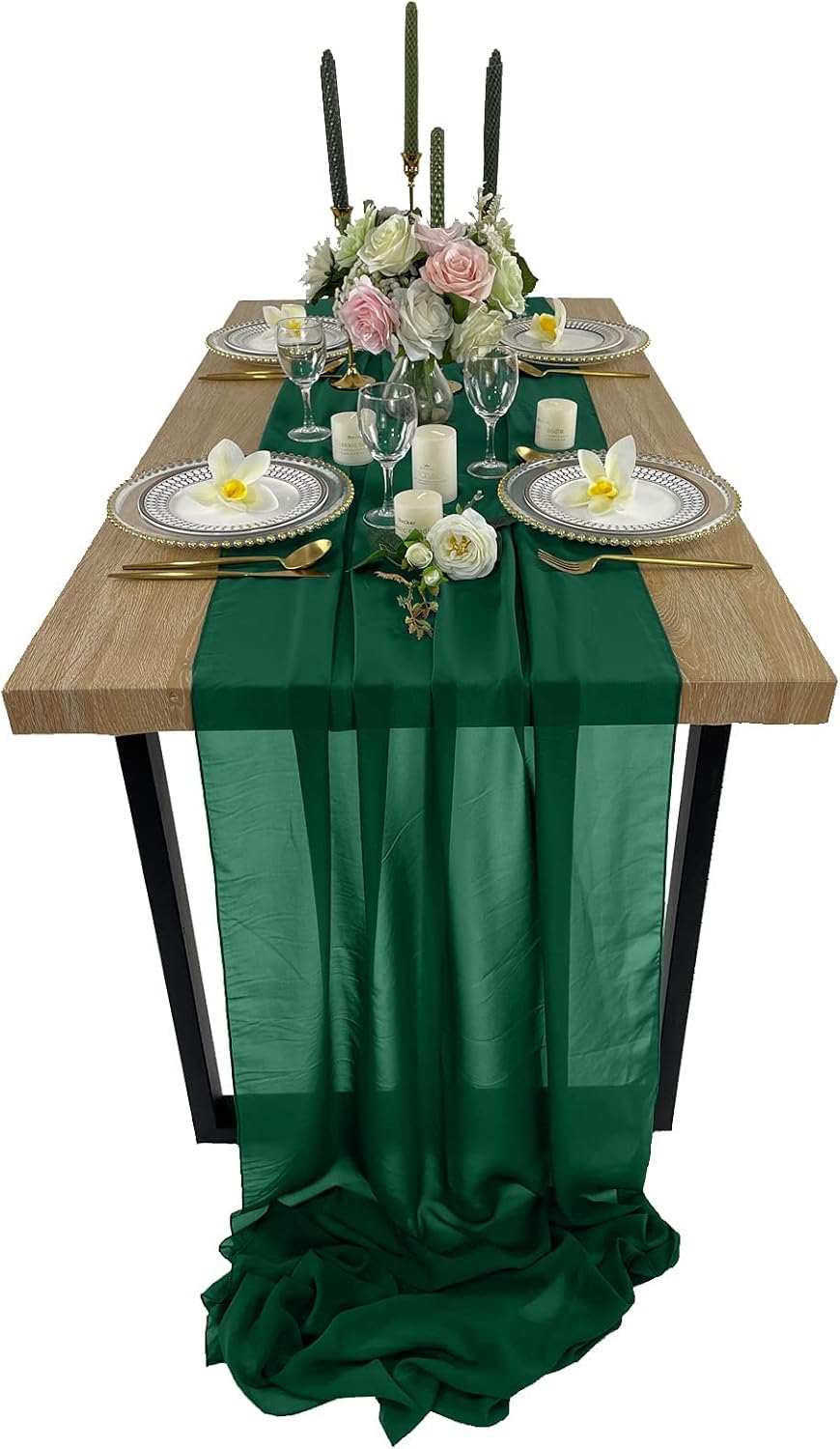 EHLDekol 10ft Chiffon Table Runners 27x120 inches Romantic Sheer Wedding Table Runner Top Table Bridal Party Decoration (Emerald Green，10ft)