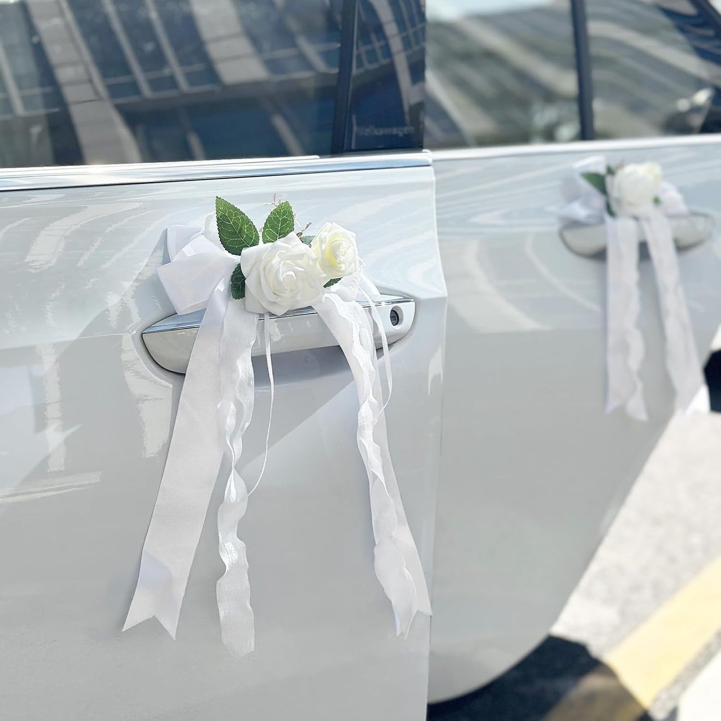 4PCS Wedding Car Door Handle Decorative Flowers, White Artificial Cars Bouquet Flower Bowknot Ribbon Decor, Just Married Automotive Decorations Accessories for Door Handles