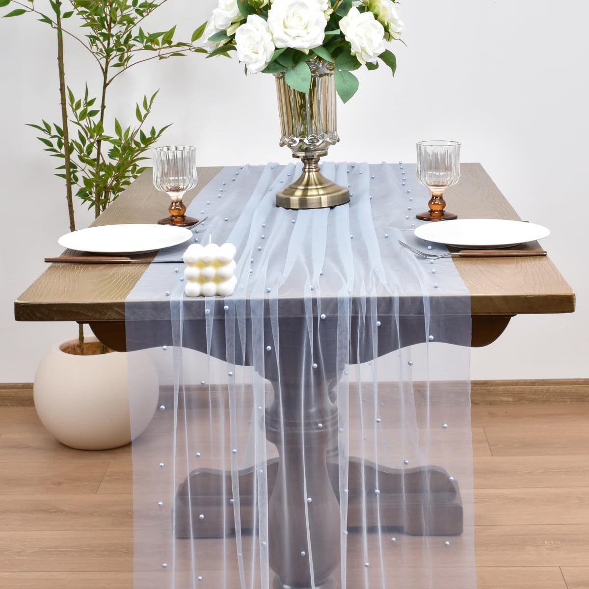 Joanlody Fall Pearl Table Runner 10ft Rustic Boho Tulle Table Runner with Pearls for Baby Shower Wedding Party Veil Dessert Thanksgiving Table Decor Blue