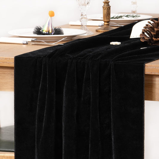 MLMC 2 Pack Black Velvet Table Runner 10ft Glossy Luxury Velvet Fall Table Runner 20x120 Inches Wedding Runner for Bridal Shower Birthday Party Halloween Decor
