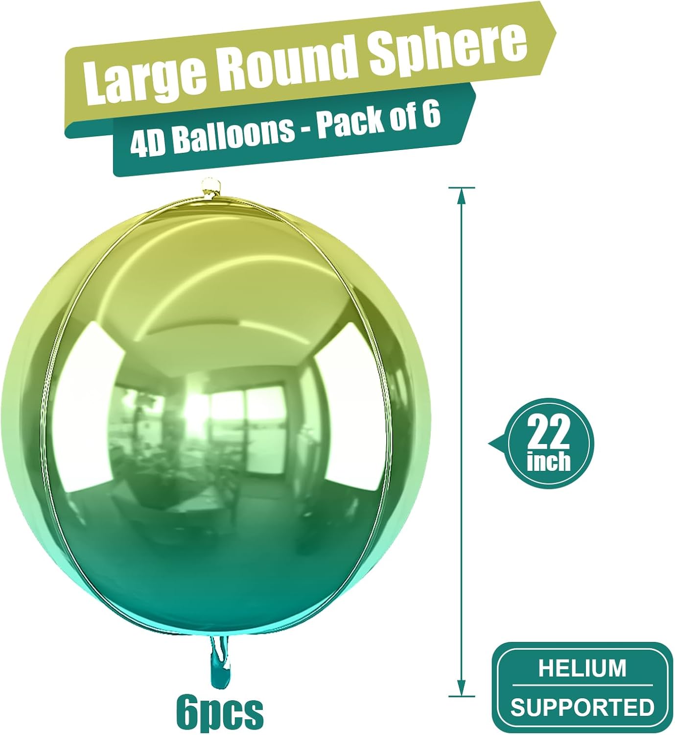 6Pcs Gradient Green Round Foil Balloons, 22" Large Helium Ball Mylar Balloon, Metallic Green Foil Balloon for Birthday Graduation Wedding Halloween Disco Prom Tropical Party Decorations