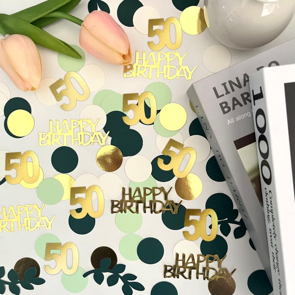 Sage Green 50th Happy Birthday Confetti, 50th Birthday Table Decorations Scatter Green Gold Foil Cake Confetti Decorations for 50 Bday Women Men Party Decor 230 Pcs