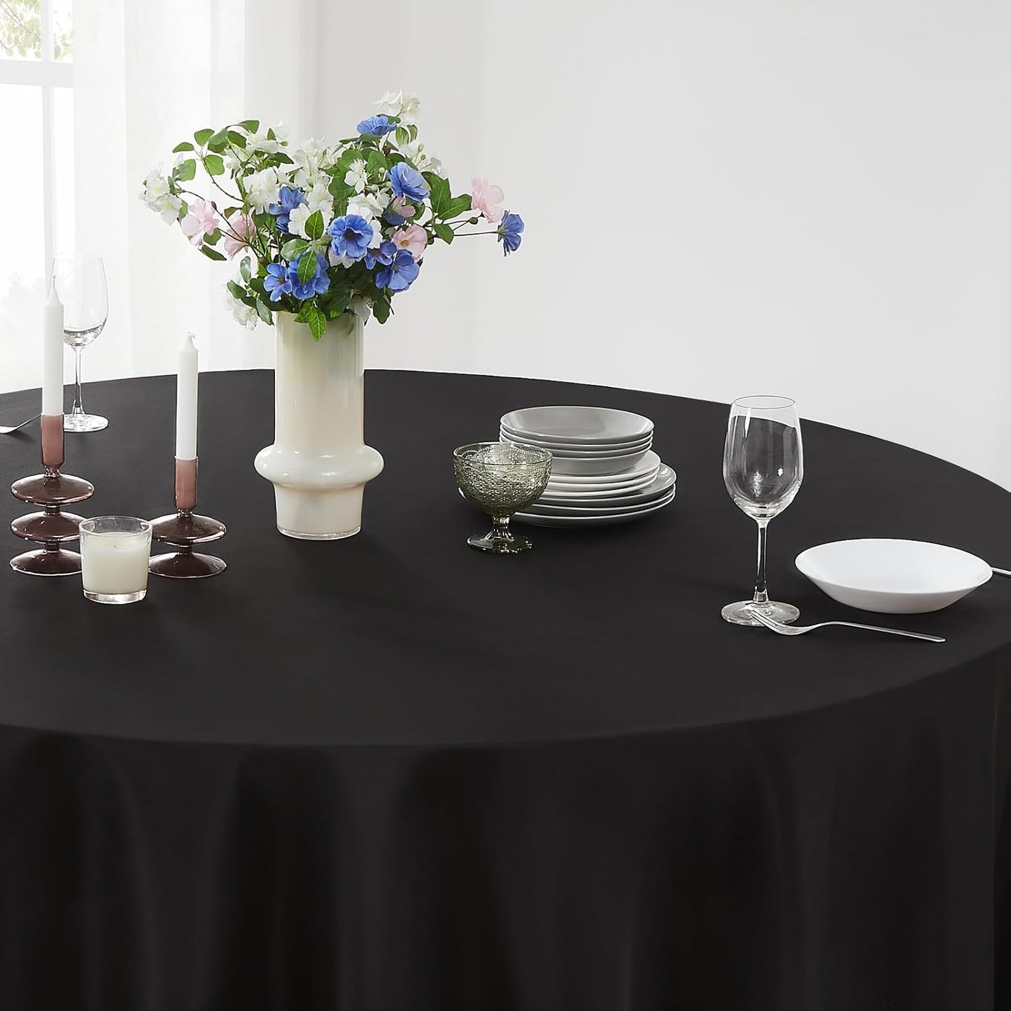 Round Tablecloth 8 Pack 108 Inch Black Tablecloths Washable Decorative Linen Polyester Table Clothes Cover for Dining Table Banquets Buffet Parties and Wedding