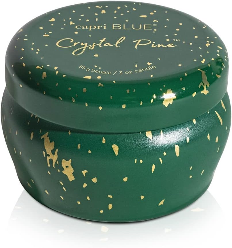 Capri Blue Glimmer Mini Tin - Crystal Pine Scented Candle with Mini Tin Candle Holder - Soy Wax Blend - Capri Blue Crystal Pine Emerald Green and Gold (3 oz)