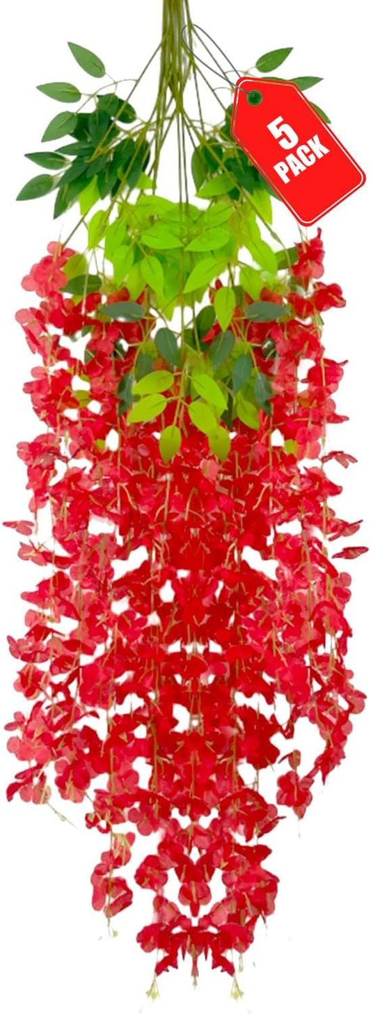 5 Pack Red Wisteria Hanging Flowers, 3.44 Ft Fake Hanging Flowers, Artificial Wisteria Garland Vines for Wedding Room Backdrop Outdoor Patio Garden Decoration
