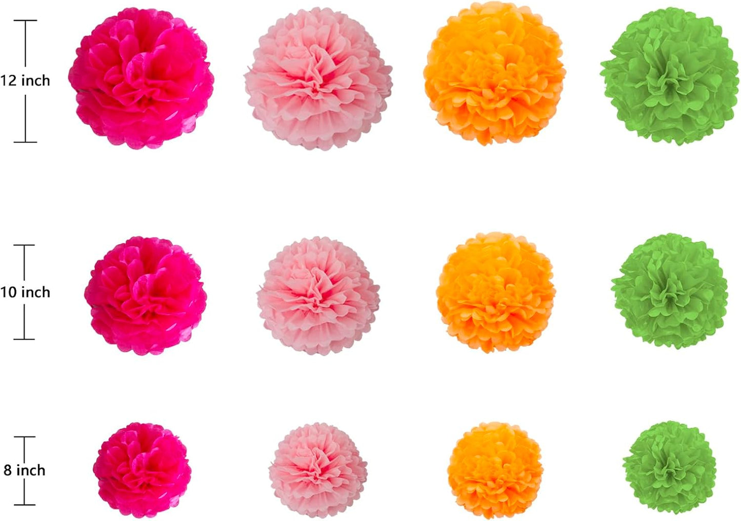 ZOOYOO Pink Orange Green Paper Poms, Tropical Party Decoration, Hawaiian Tissue Paper Poms Luau Decorations for Summer Birthday Anniversary 12PCS