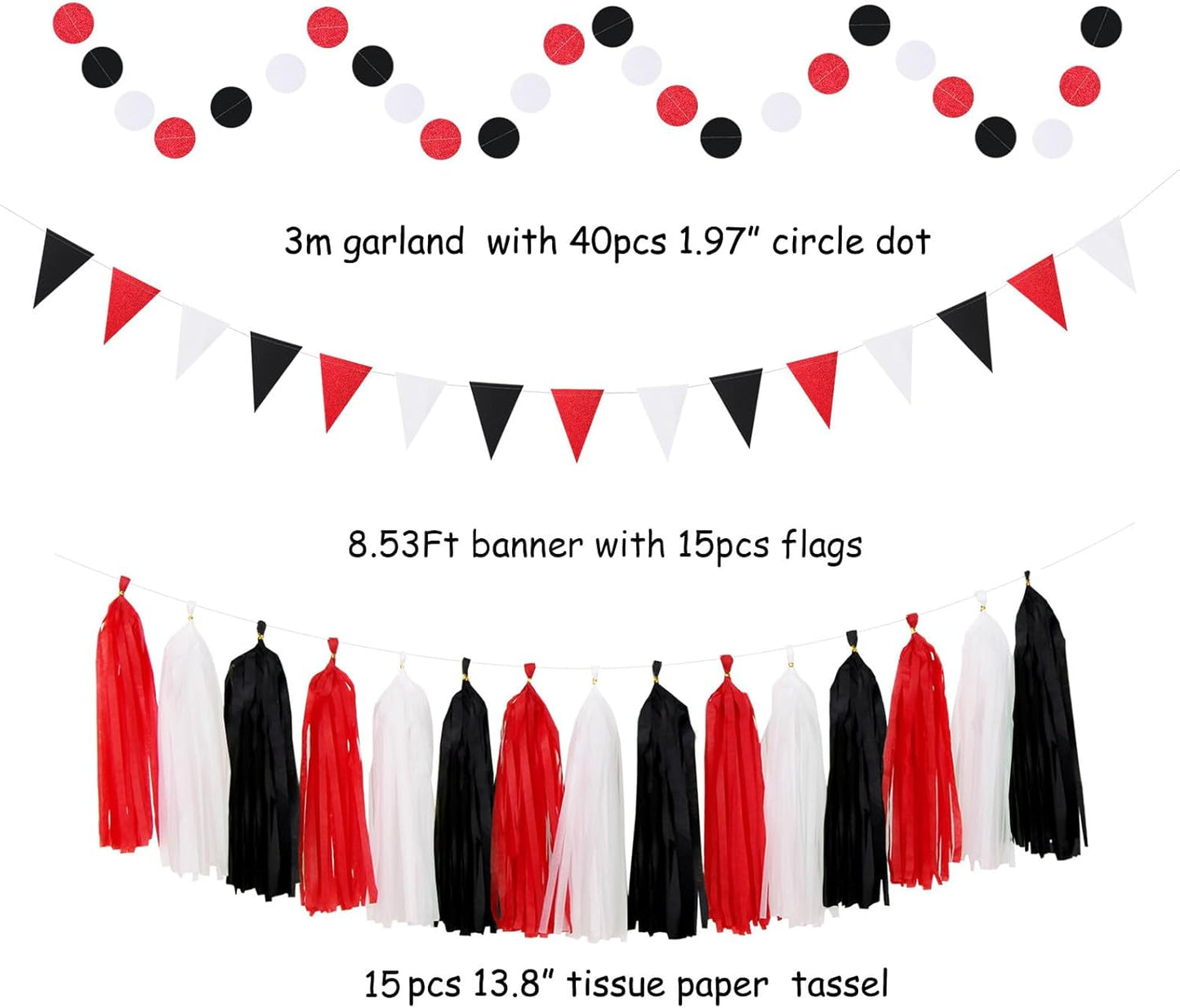 Black White-Red Party-Decorations - 33pcs Birthday Banner,Streamers Tassel Garland,Tissue Pom Poms Honeycomb,Paper Lantern Fans,Men Women Wedding Baby Shower Graduation Backdrop Supplies Decor Hugtmr