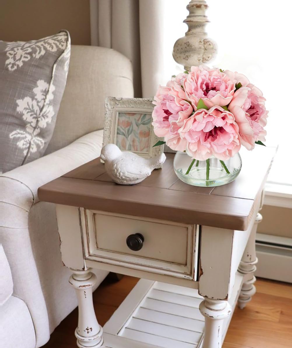 Hollyone Light Pink Peonies Artificial Flowers with Vase Faux Flowers Peony Fake Flowers Silk Flower Arrangements in Glass Vase with Faux Water for Bathroom Table Centerpiece Shelf Home Decor