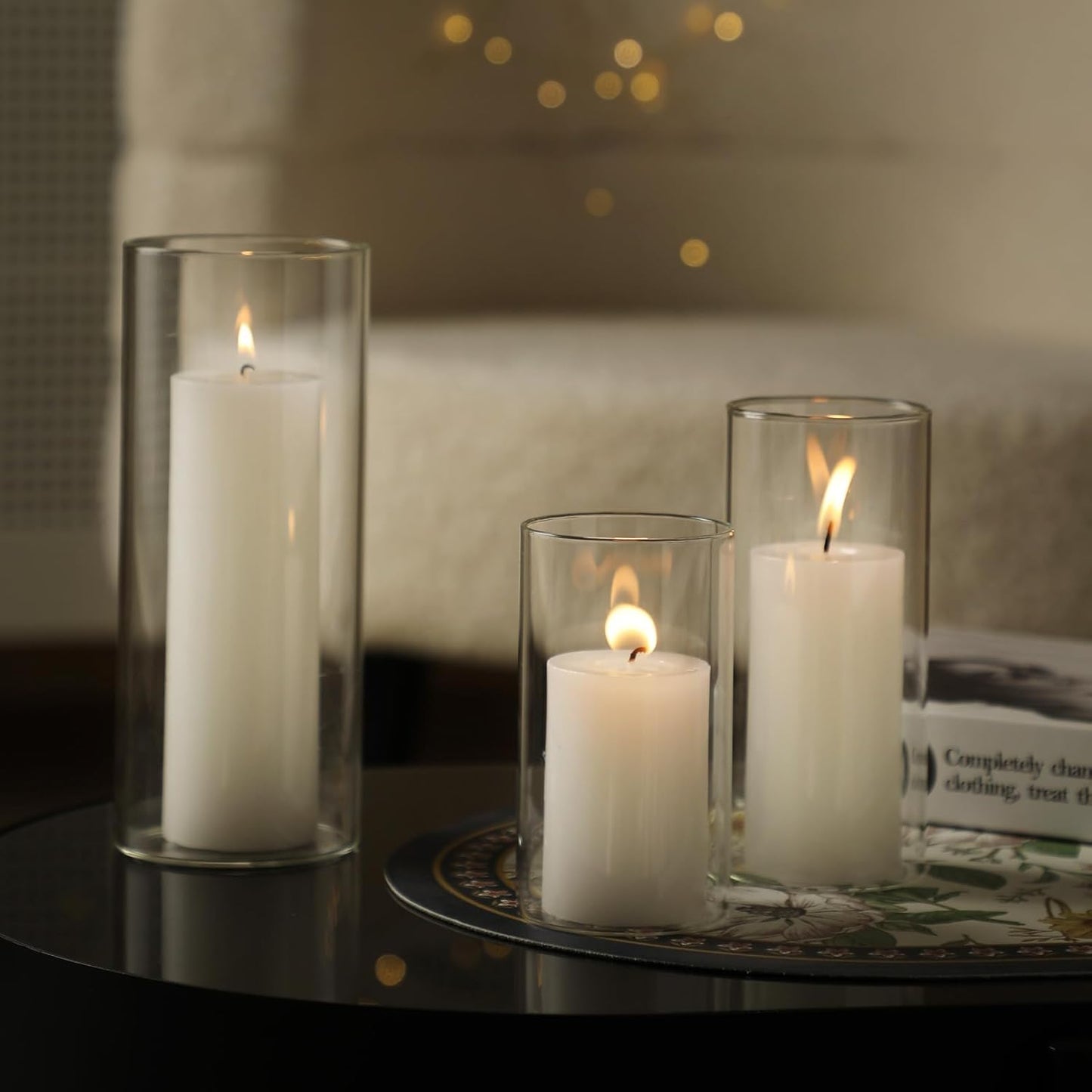 UDU Set of 12 White Pillar Candles and 12 Glass Cylinder Vases Hurricane Holders, Slim Pillar Candle Holder, Cylinder Vases for Centerpieces Wedding Table Party Home Decor(2.6" X 4.7", 5.9", 7.9")