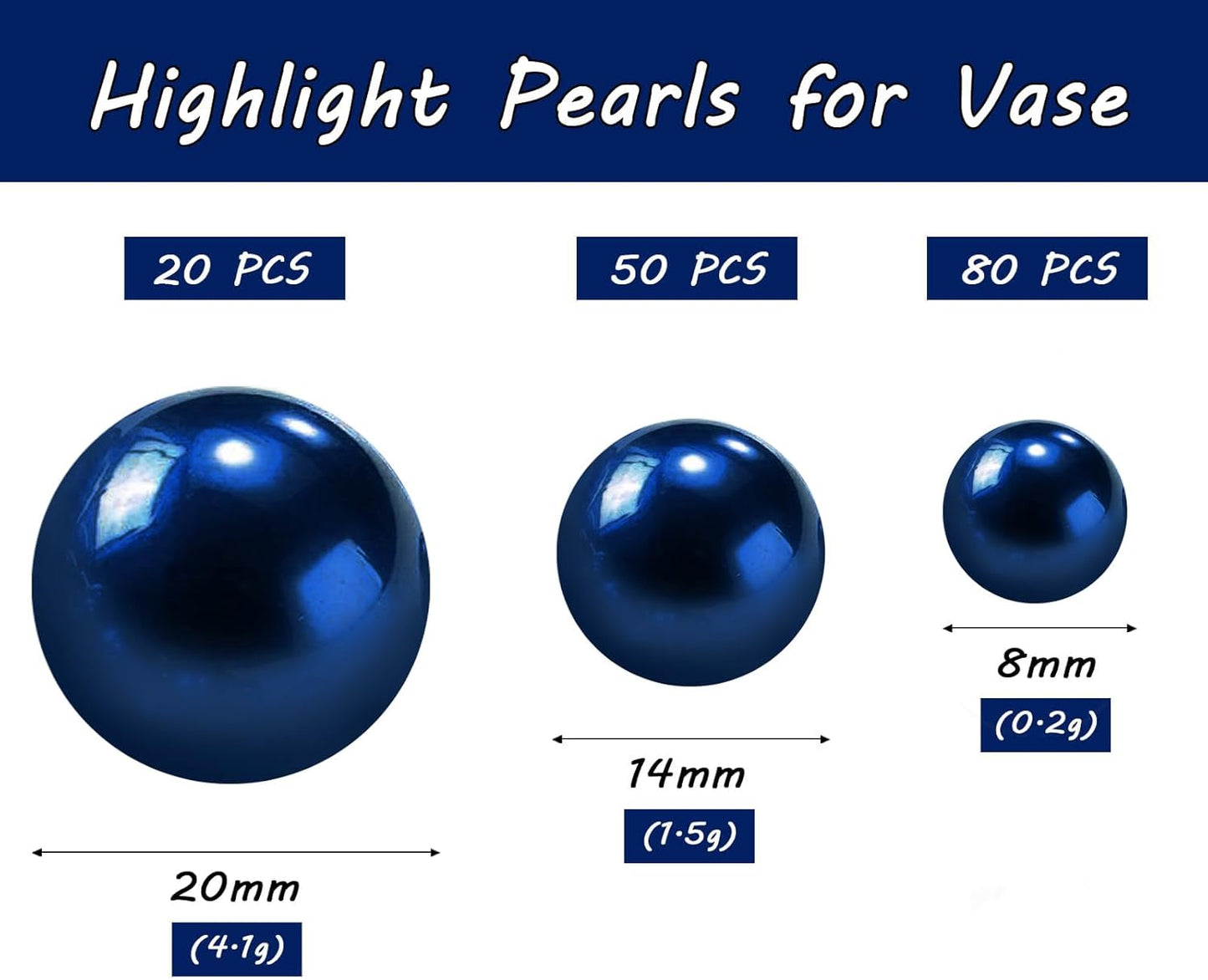 150Pcs Navy Blue Polished No Hole Faux Pearl Beads for Vase Filling Decorations, Plastic Pearls Vase Fillers, Table Scatters, Wedding Centerpiece, Home Decor, 8/14/20 mm
