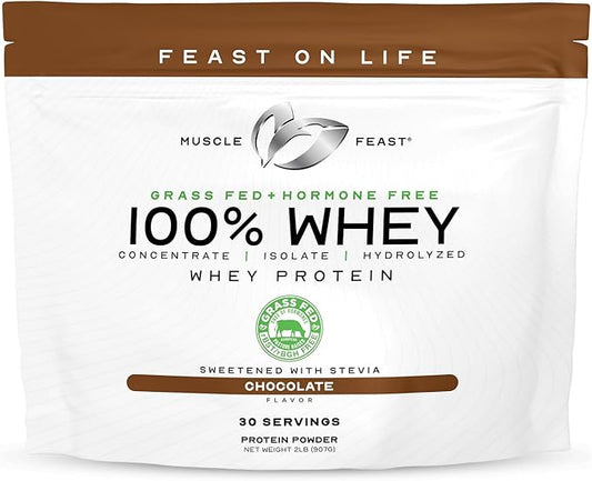 Muscle Feast 100% Grass Fed Whey Protein Powder, All Natural Hormone Free Paure Raised Whey Protein Powder for Women & Men- Whey Concentrate, Isolate & Hydrolyzed Protein Powder Blend - Chocolate, 2lb