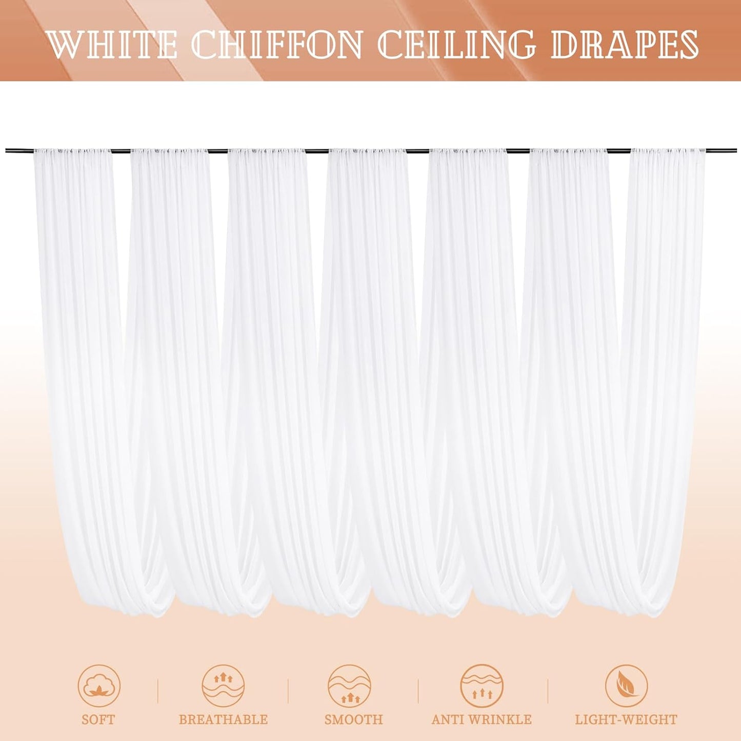 6 Panels White Ceiling Drapes 5ftx30ft Sheer Drapery Ceiling Curtains Chiffon Fabric Arch Draping for Wedding Party Ceremony Birthday Baby Shower Reception Stage Ceiling Decorations