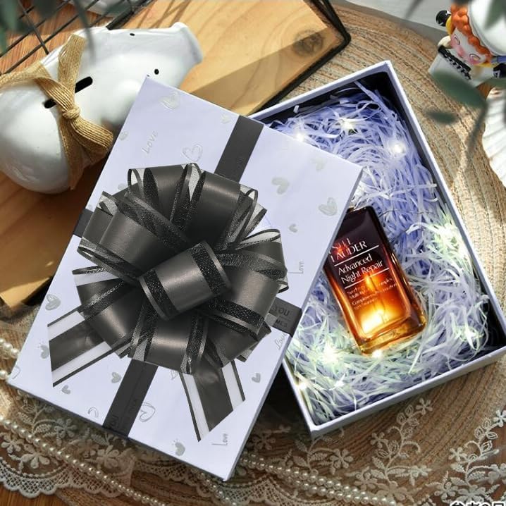 6 Pieces Large Pull Bows, 6 inches, Organza Fabric, Black, Wedding, Christmas, Birthday, Valentine's Day, Gift Wrapping, Party Decoration, Easy to Use