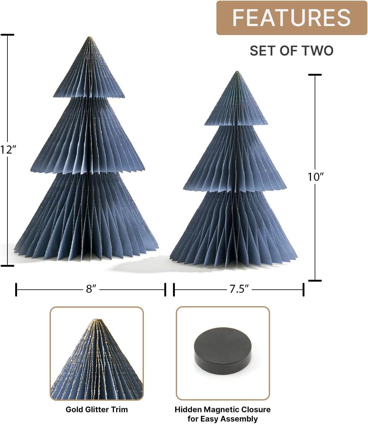 LampLust Winter Ornaments, 2 Pack Dusty Blue Honeycomb Paper Trees, 10 & 12 in, Blue Winter Wonderland Table Centerpieces Decorations for Home Mantel Decor