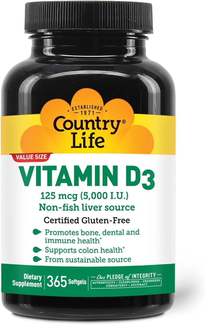 Country Life Vitamin D3 5000 IU – High Potency, Non-Fish Source, Supports Bone Health, Immune Function & Calcium Absorption – 365 Softgels, Certified Gluten-Free, Long-Term Supply