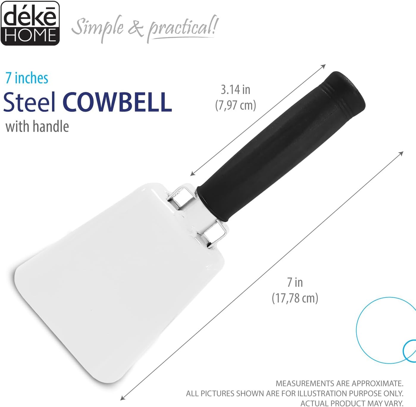 Deke Home - 2 Pack 7 Inch Steel Cowbells with Handle, Loud Noise Makers for Football, Sports, Parties, Competitions, School Spirit & Safety, Large Hand Bell for Cheering & Percussion Instrument