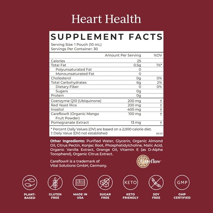 CYMBIOTIKA Heart Health Supplement with CoQ10, Red Yeast Rice & Inositol, Gluten Free Supplements to Support Circulation & Aging, Organic Orange Cream Flavor, 30 Pack