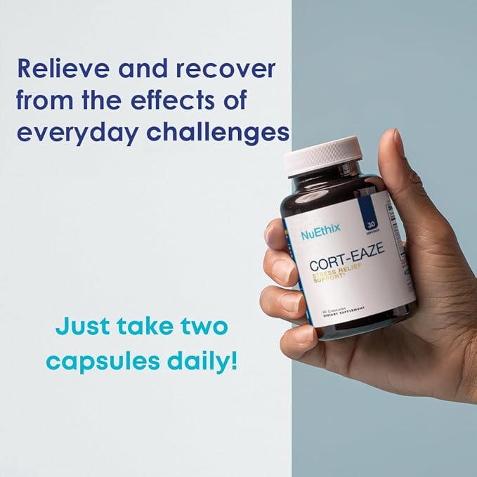NuEthix Formulations Cort-Eaze - Cortisol Supplement - Health Support Supplement with Ashwagandha, L-Theanine & Rhodiola Rosea - Relaxation and Deep Sleep, 60 Capsules, 30 Servings