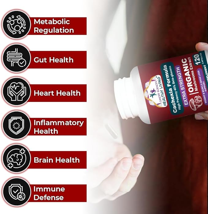 CANCER SCIENCES Cachexia Supplement, USDA Certified Organic Mushrooms Extract Capsules, Extra Strength 1,500 mg, High Potency 40% Beta-Glucans, Immune & Metabolic Support, Weight & Muscle Mass Support